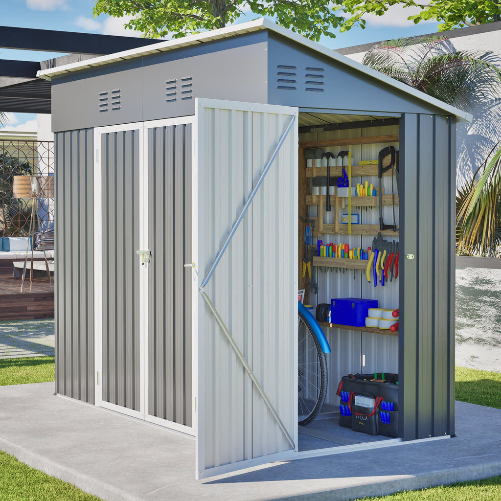 4x8 Slope-Roof Reinforced Storage Shed with Weatherproof Sloping Roof & 4 Air Vents, Heavy-Duty Sturdy Metal Frame, Left/Right Optional Door, Outdoor Tool Shed Warehouse for Garden Storage Pet House