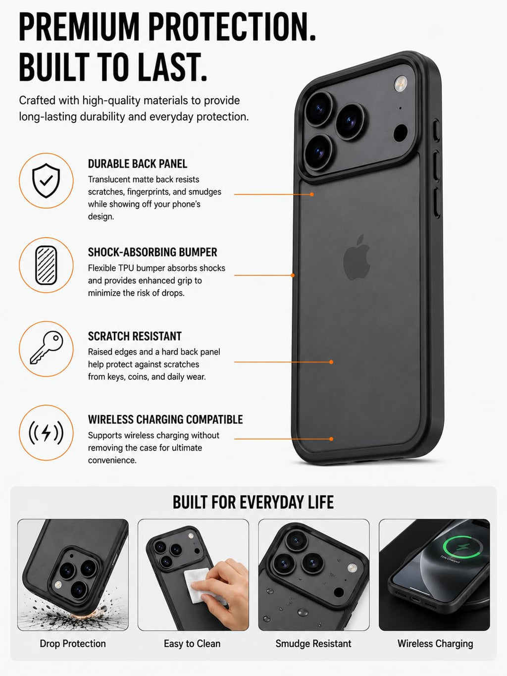 Translucent Matte Case for iPhone 17 Pro, Slim Shockproof Cover, 10FT Military Grade Drop Protection, Anti-Scratch Bumper, Black