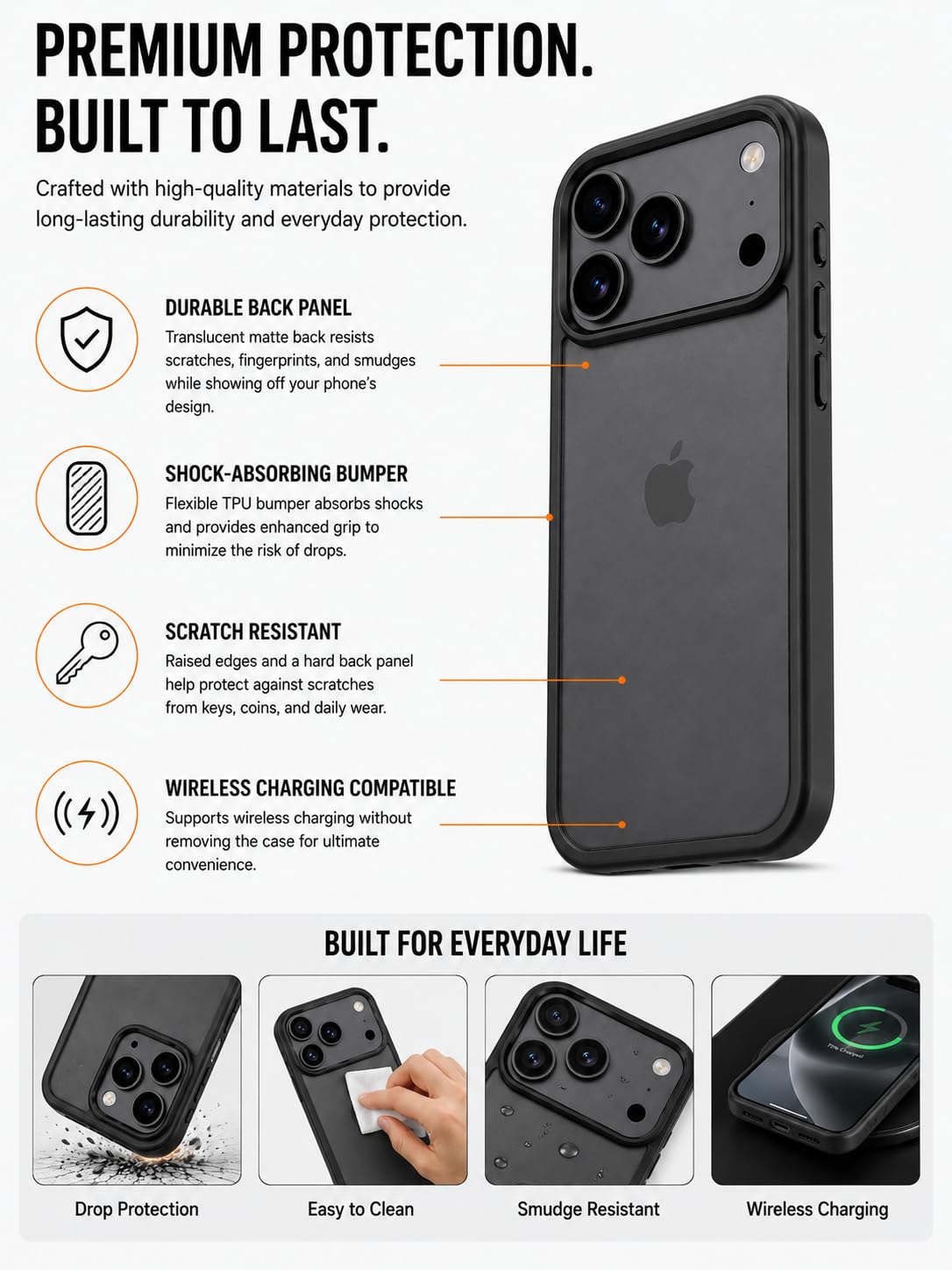 Translucent Matte Case for iPhone 17 Pro, Slim Shockproof Cover, 10FT Military Grade Drop Protection, Anti-Scratch Bumper, Black
