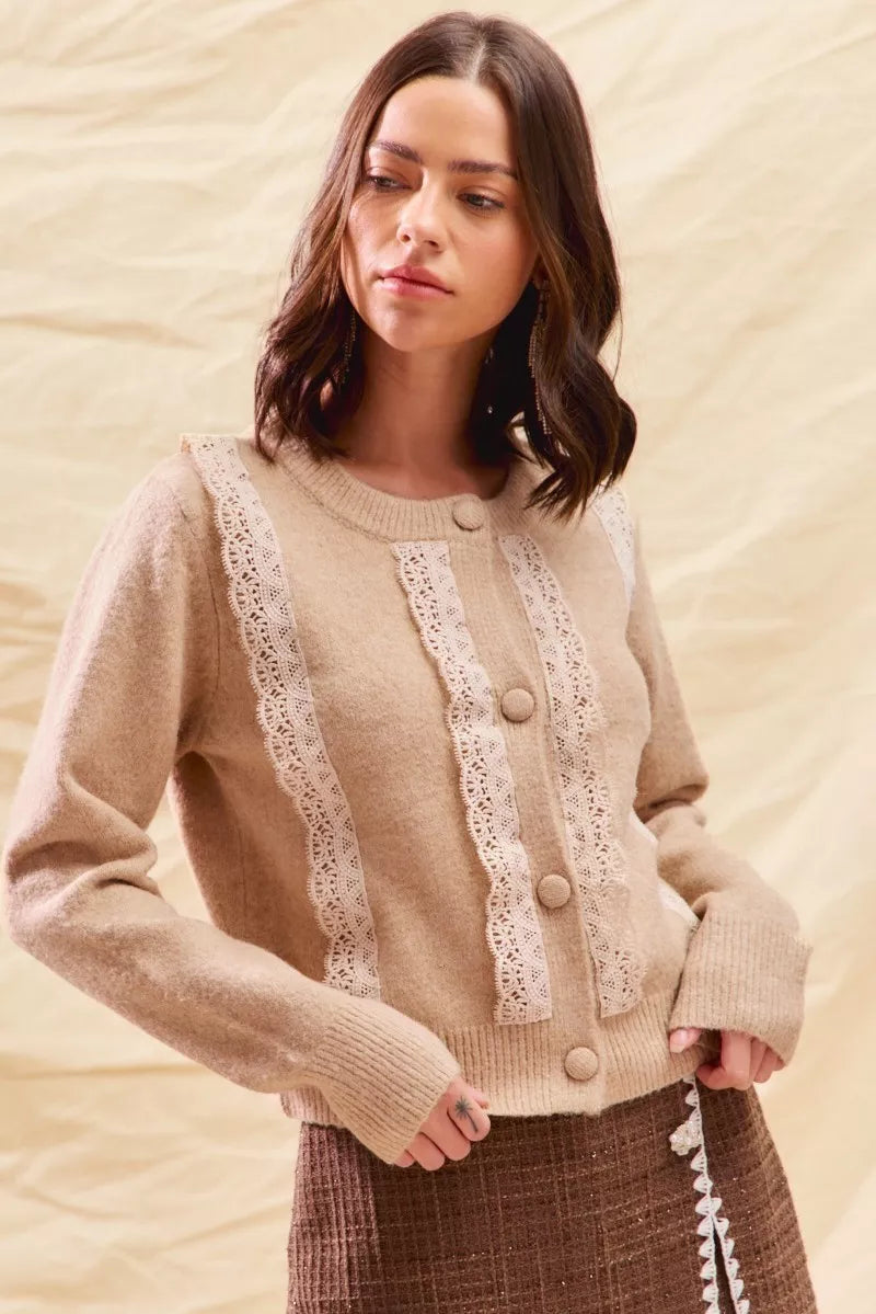SO ME Front Lace Trim Button Cardigan Sweater