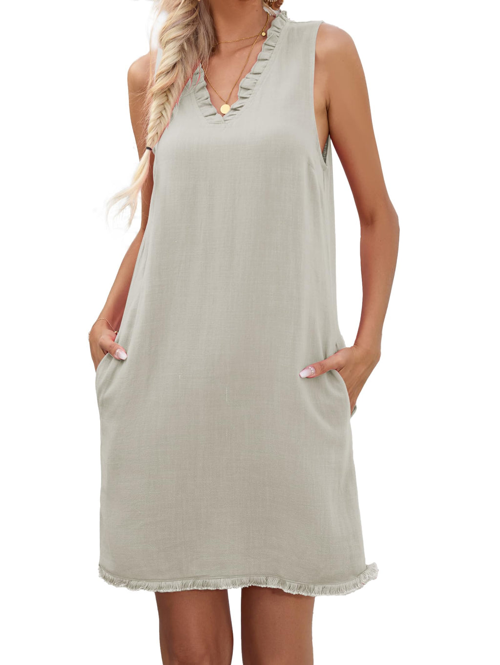 Famulily Summer Linen Dress Tank Dress for Women Work Shift Dress Linen Tank Dress for Women Sundresses for Women Khaki S