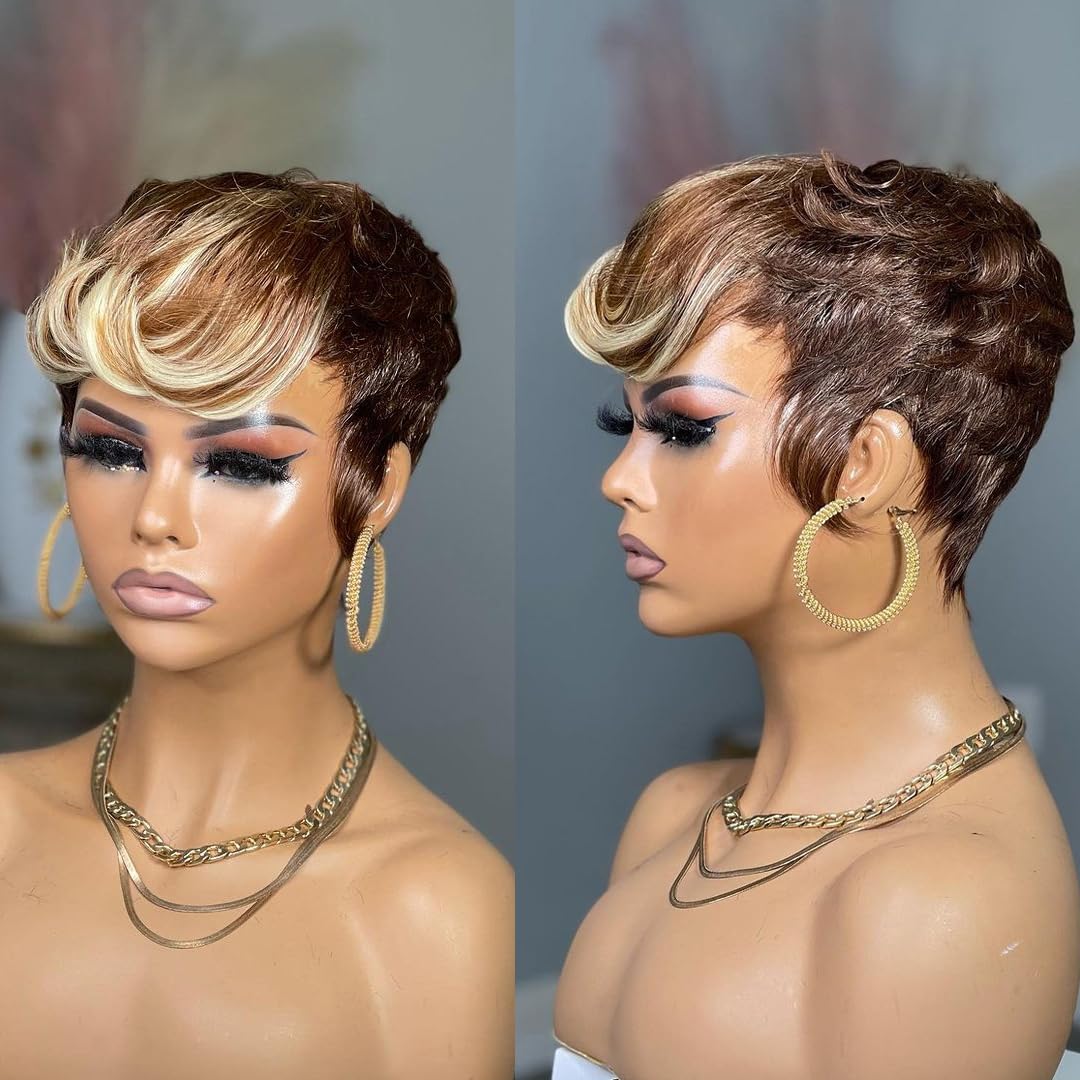 PangDongLai Short Layered Pixie Wigs for Black Women Pixie Cut Wigs Human Hair Wigs for Women Short Pixie Wigs with Bangs 4/4/613 Blonde Color Daily Use Glueless Wigs(4/4/613)