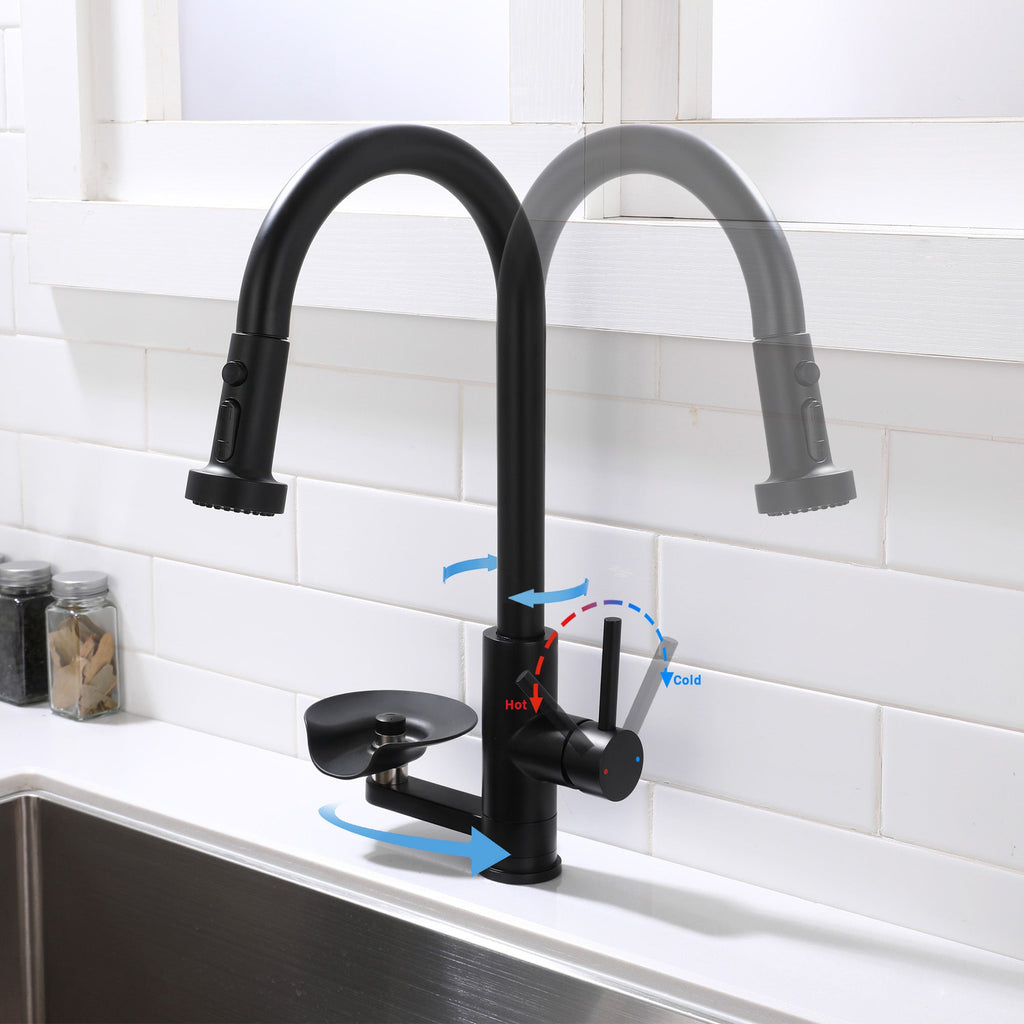3-in-1 High-Arc Kitchen Faucet with Press-Type Glass Rinser, Pull-Down Sprayer, Matte Black Finish, Stainless Steel & ABS Construction, for Modern Sink