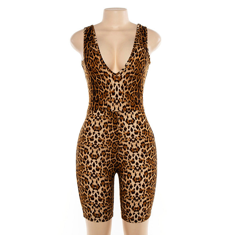 Summer Women's Sleeveless V-Neck Leopard Jumpsuit