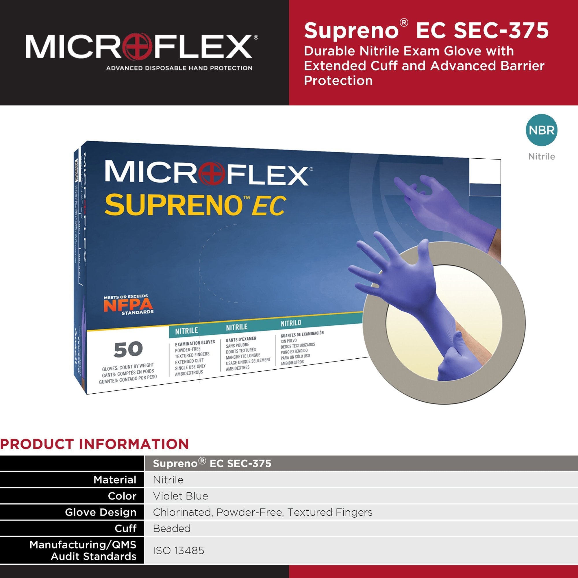 Supreno® EC Nitrile Extended Cuff Length Exam Glove, Extra Large, Blue SEC-375-XL