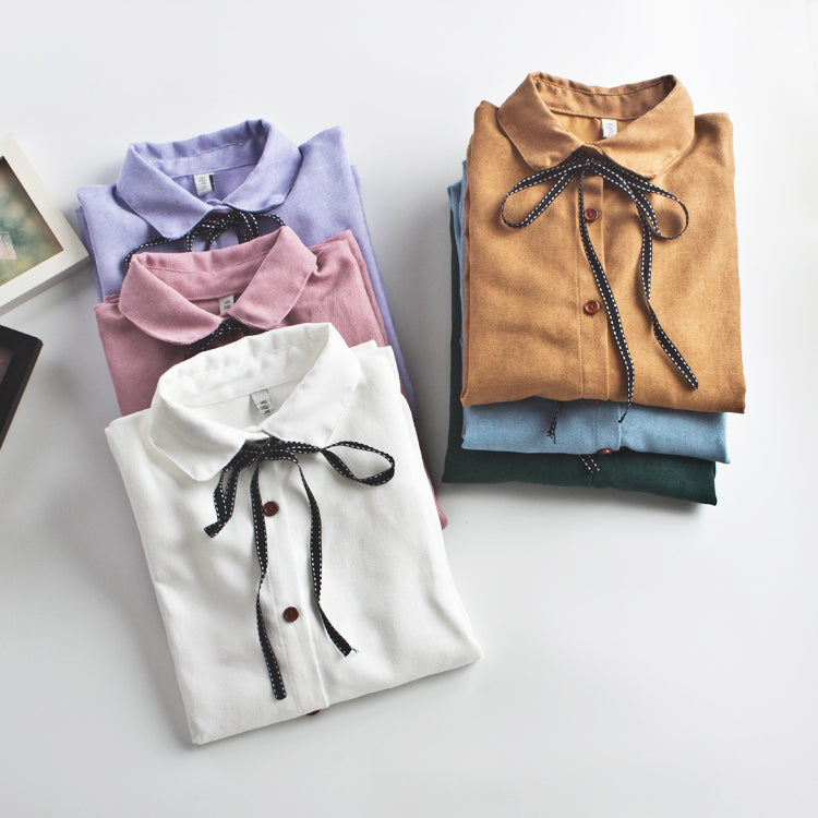 New Women's White Long Sleeve Shirt with Bow Tie
