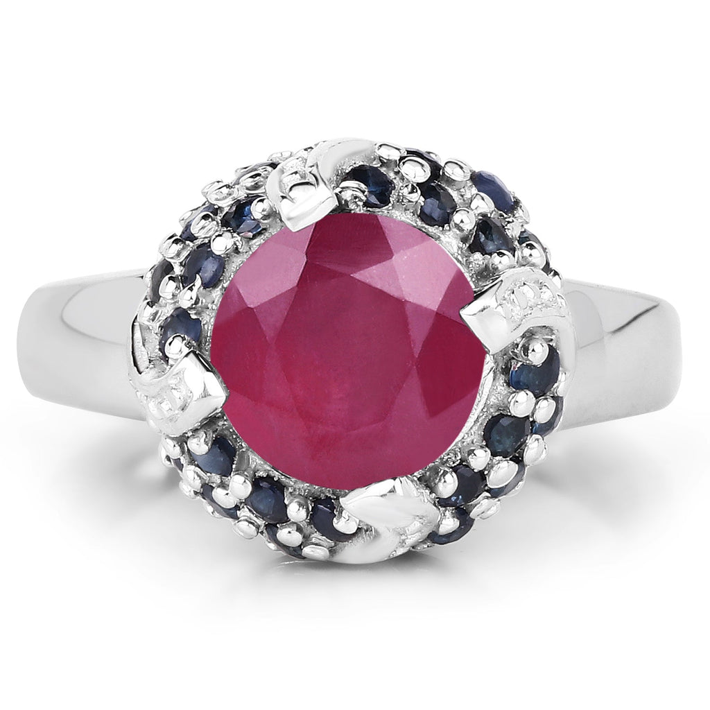 3.70 Carat Glass Filled Ruby and Blue Sapphire .925 Sterling Silver Ring