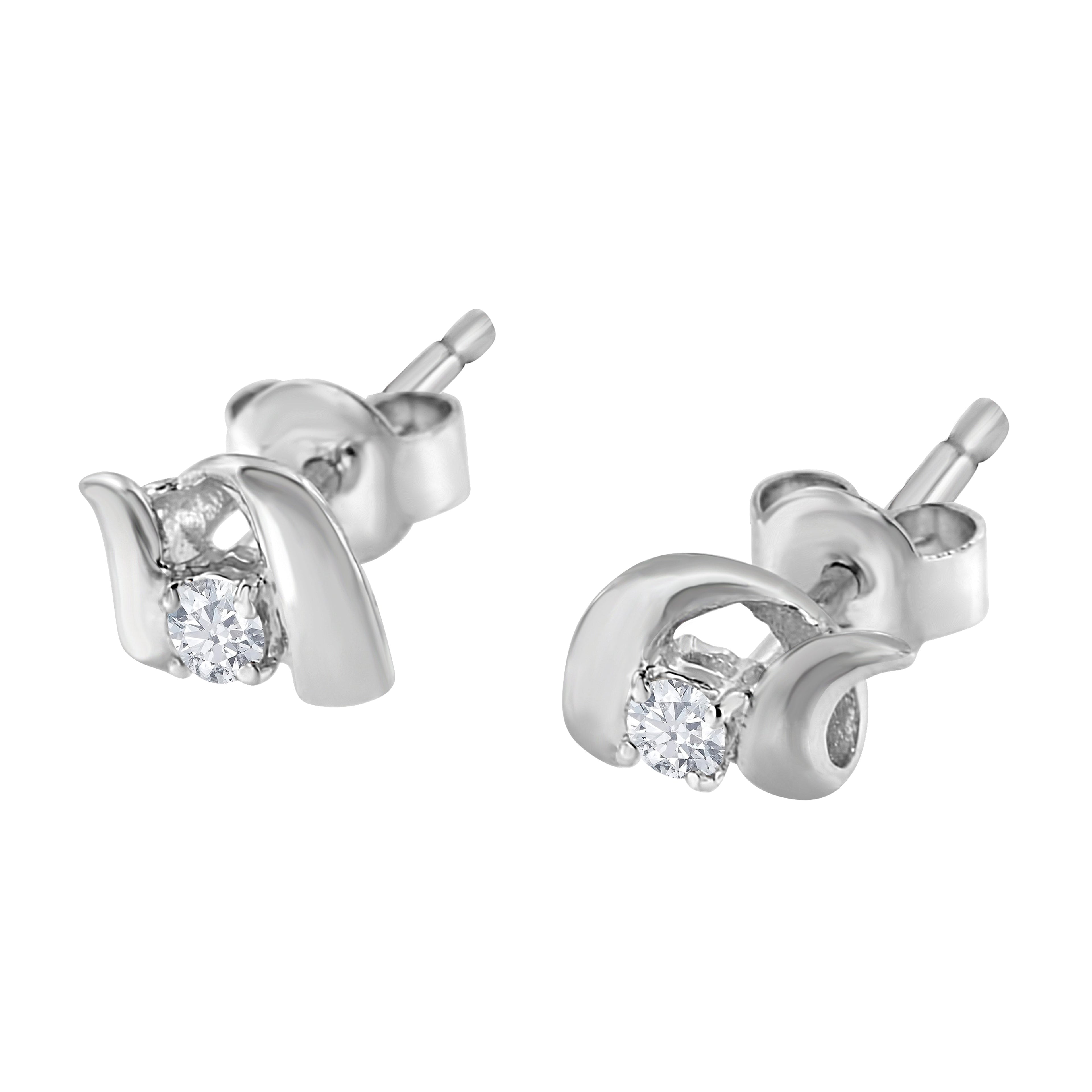 10K White Gold 1/10 Cttw Round Brilliant-Cut Diamond Espira Swirls Solitaire Push Back Stud Earrings (I-J Color, I1-I2 Clarity)