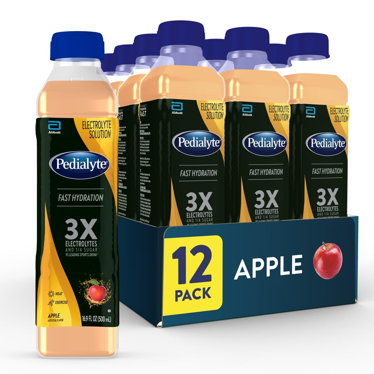 Pedialyte Electrolyte Solution Apple Hydration Drink half liter each 16.9 Fl Oz (Pack of 12)