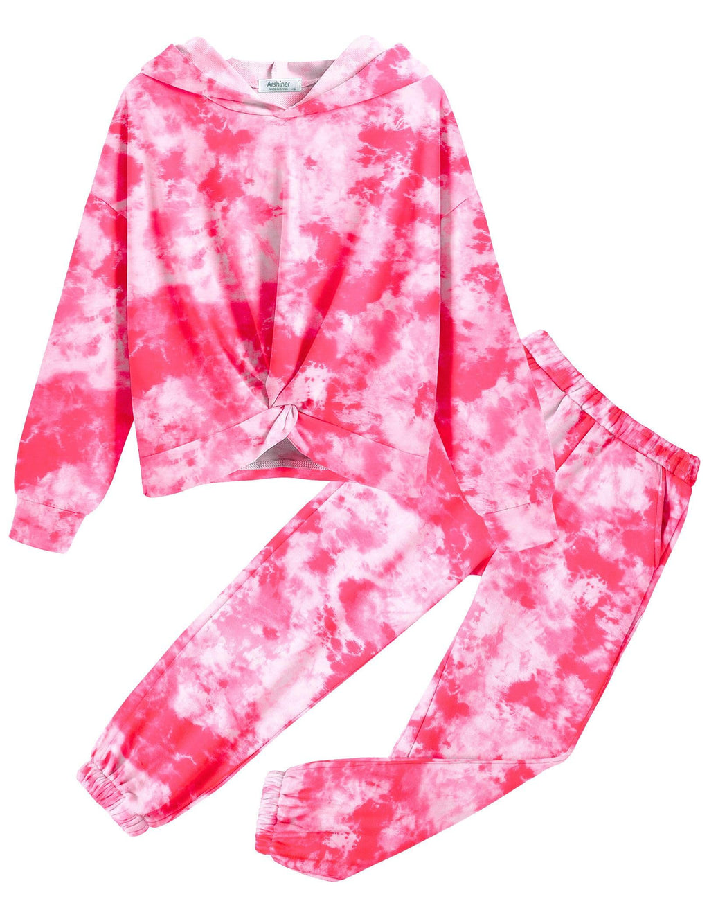 Arshiner 2Pcs Girls Tie Dye Sweatsuit Long Sleeve Outfits Set Sport Tracksuit Twist Front Tops + Sweatpants with Pockets 10-11
