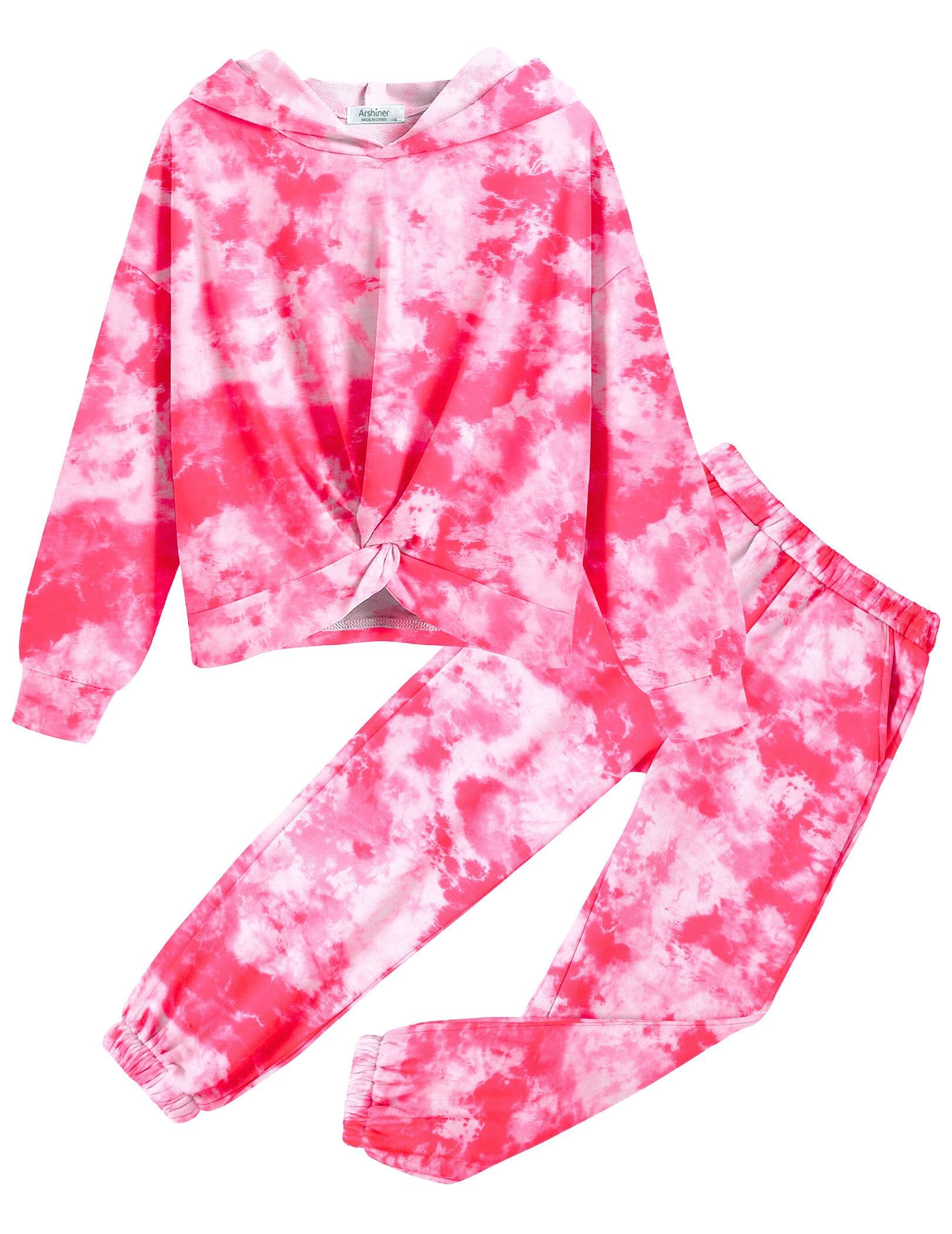 Arshiner 2Pcs Girls Tie Dye Sweatsuit Long Sleeve Outfits Set Sport Tracksuit Twist Front Tops + Sweatpants with Pockets 10-11