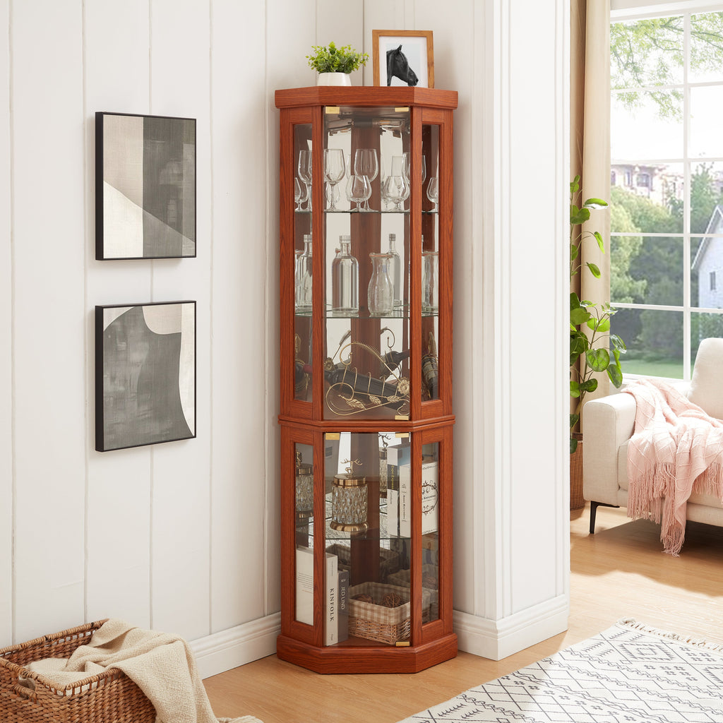 Corner Glass Cabinet Lighted Curio Cabinet Corner Display Case for Living Room, Curio Cabinet, Antique collection, Wine,Bar Glass Storage Light Included, Dark oak