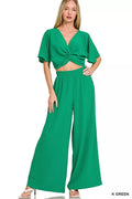 Zenana Woven Airflow Twisted Top & Wide Leg Pants Set