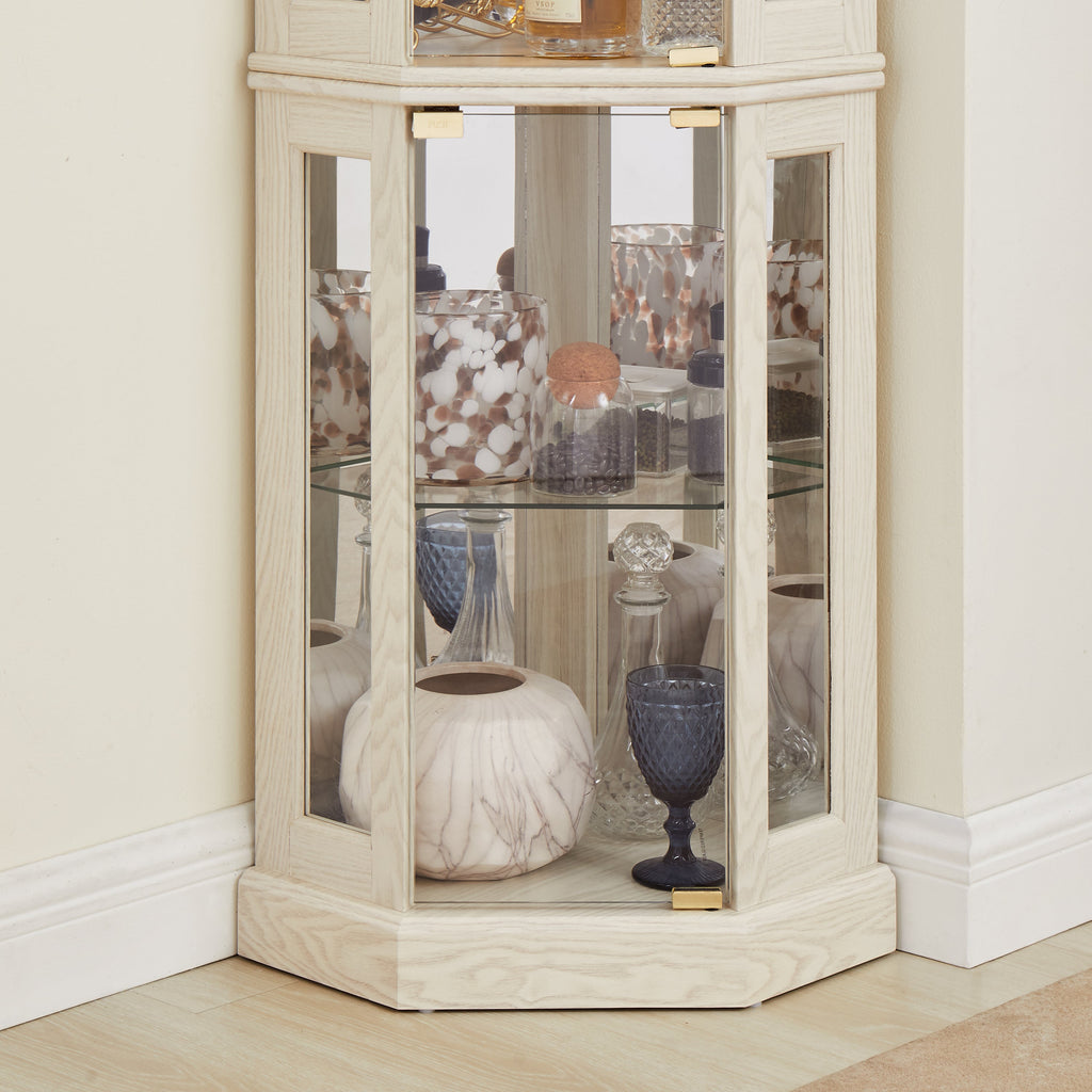 Lighted Corner Curio Cabinet - Display Case for Living Room, Antique Collectibles, Wine & Bar Glass Storage - Elegant Corner Design with Lights Included- White