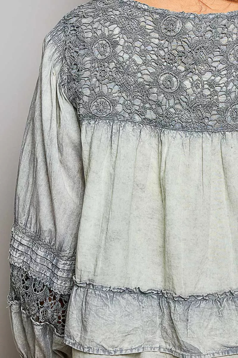 POL Washed Layered Lace Pintuck Flared Woven Blouse