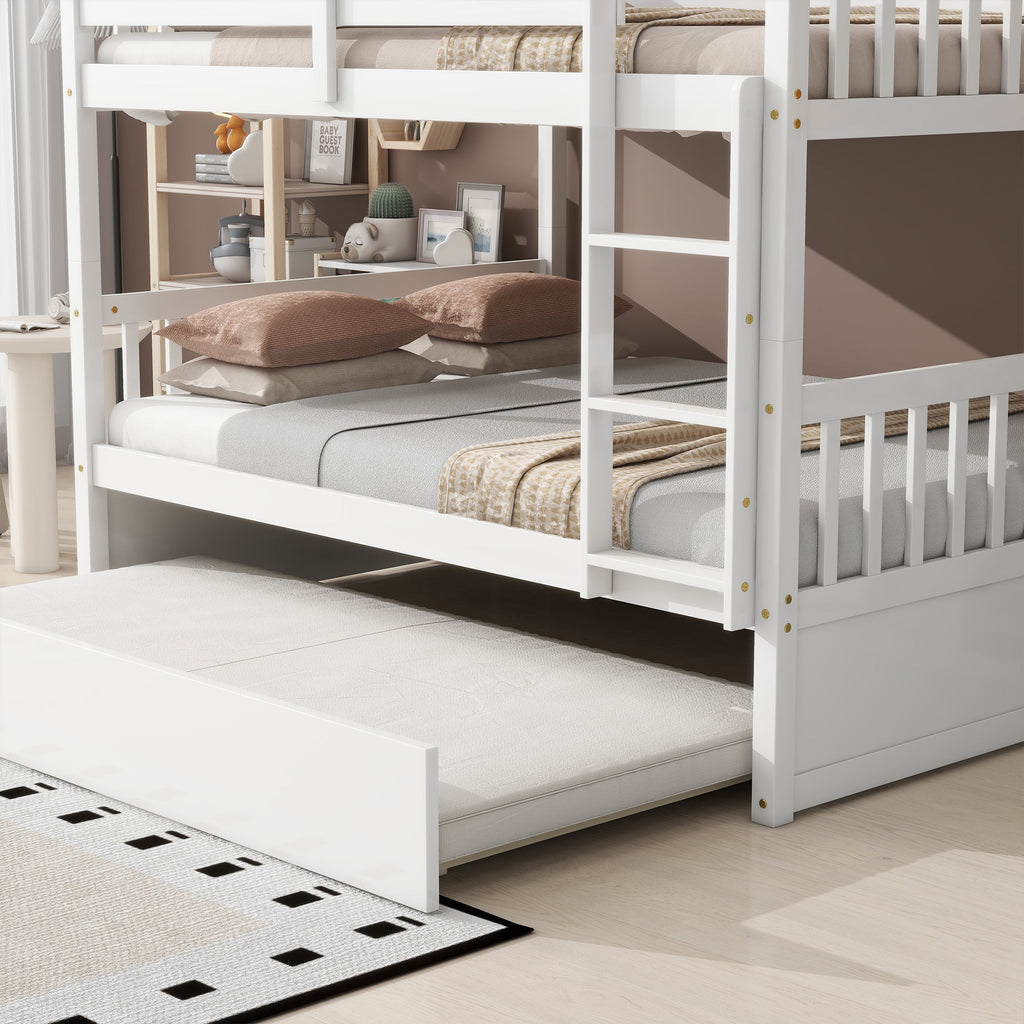 Full Over Full Rubber Wood Bunk Bed with Trundle, Ladder and Guardrails, Convertible to 2 Full Size Beds, with Twin Size Trundle,White
