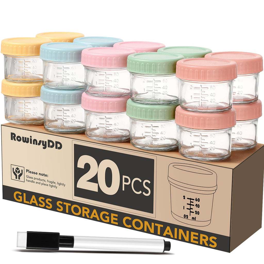 RowinsyDD 20 Pack Glass Baby Food Storage Containers 4 oz Leakproof Baby Food Jars with Lids Small Glass Food Containers for Infant Baby Food Freezer & Microwave Safe BPA Free