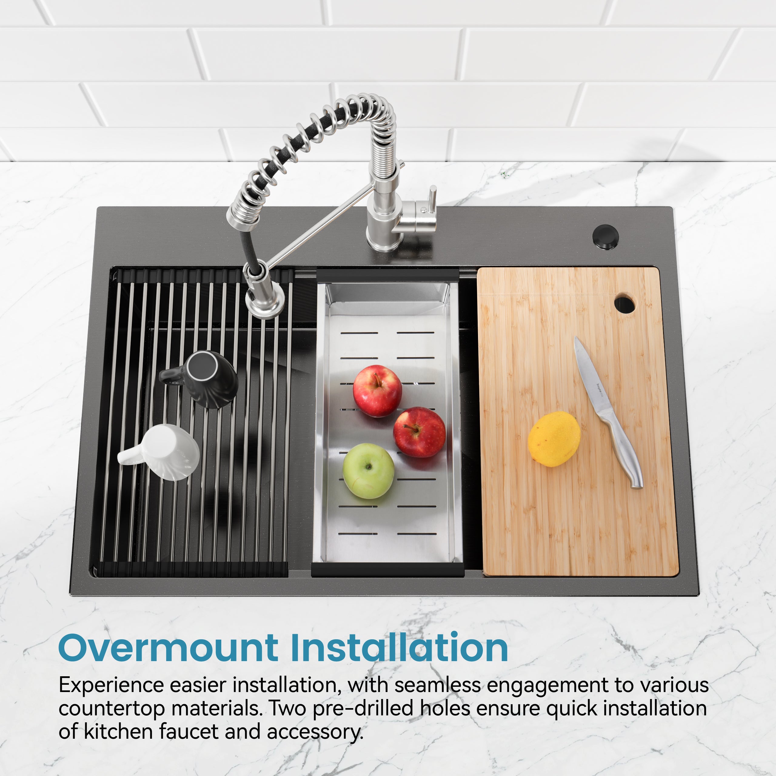 Stainless Steel Kitchen Sink, 30″x22″ Single Bowl, Overmount Handmade Sink in Black, with Cutting Board, Colander