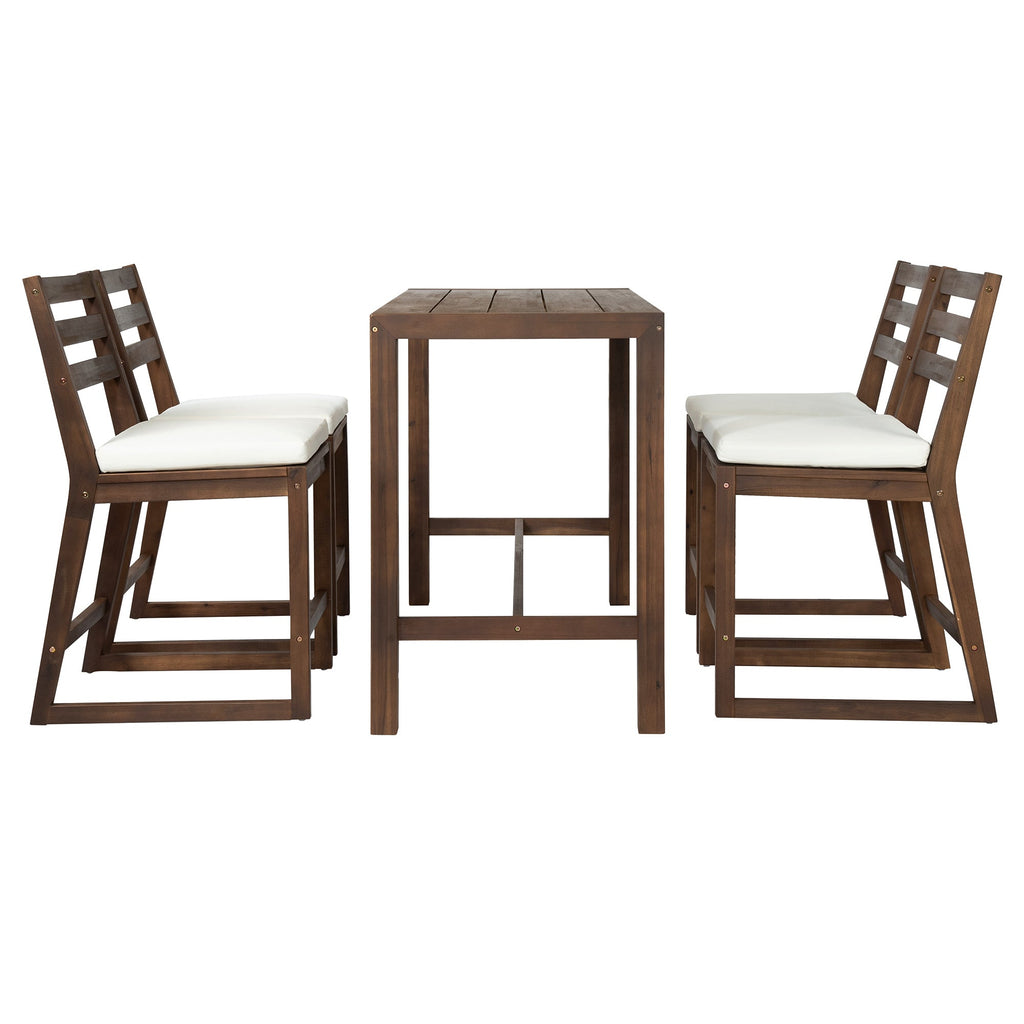 TREXM Rustic Patio Bar Set with Ergonomic Chairs, Solid Wood Slatted Tabletop in Mocha+Beige Cushion