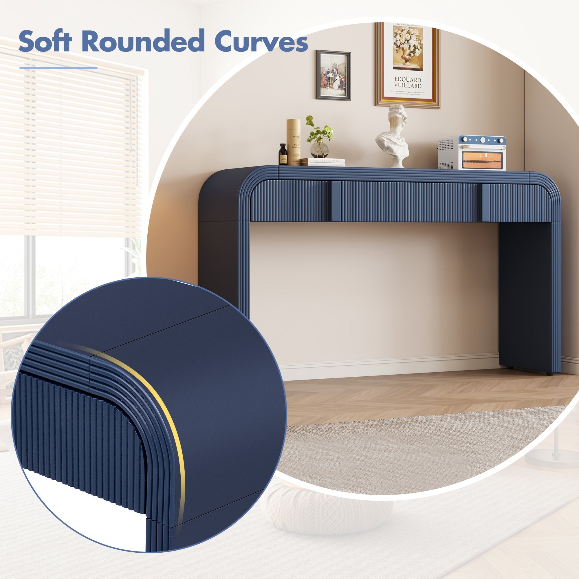 TREXM Modern Console Table with 2 Storage Drawers, Fluted Entryway Table with Rounded Silhouette for Hallway Living Room and Entryway (Navy Blue)