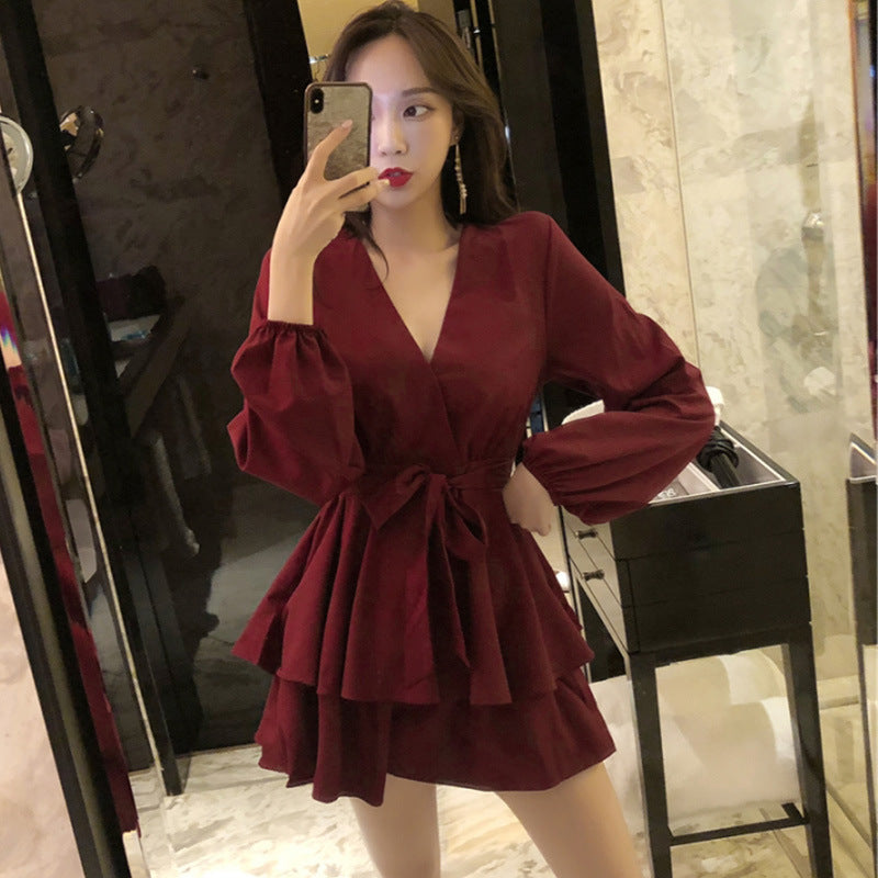 New Women's Loose High-Waist Cross V-Neck Dress