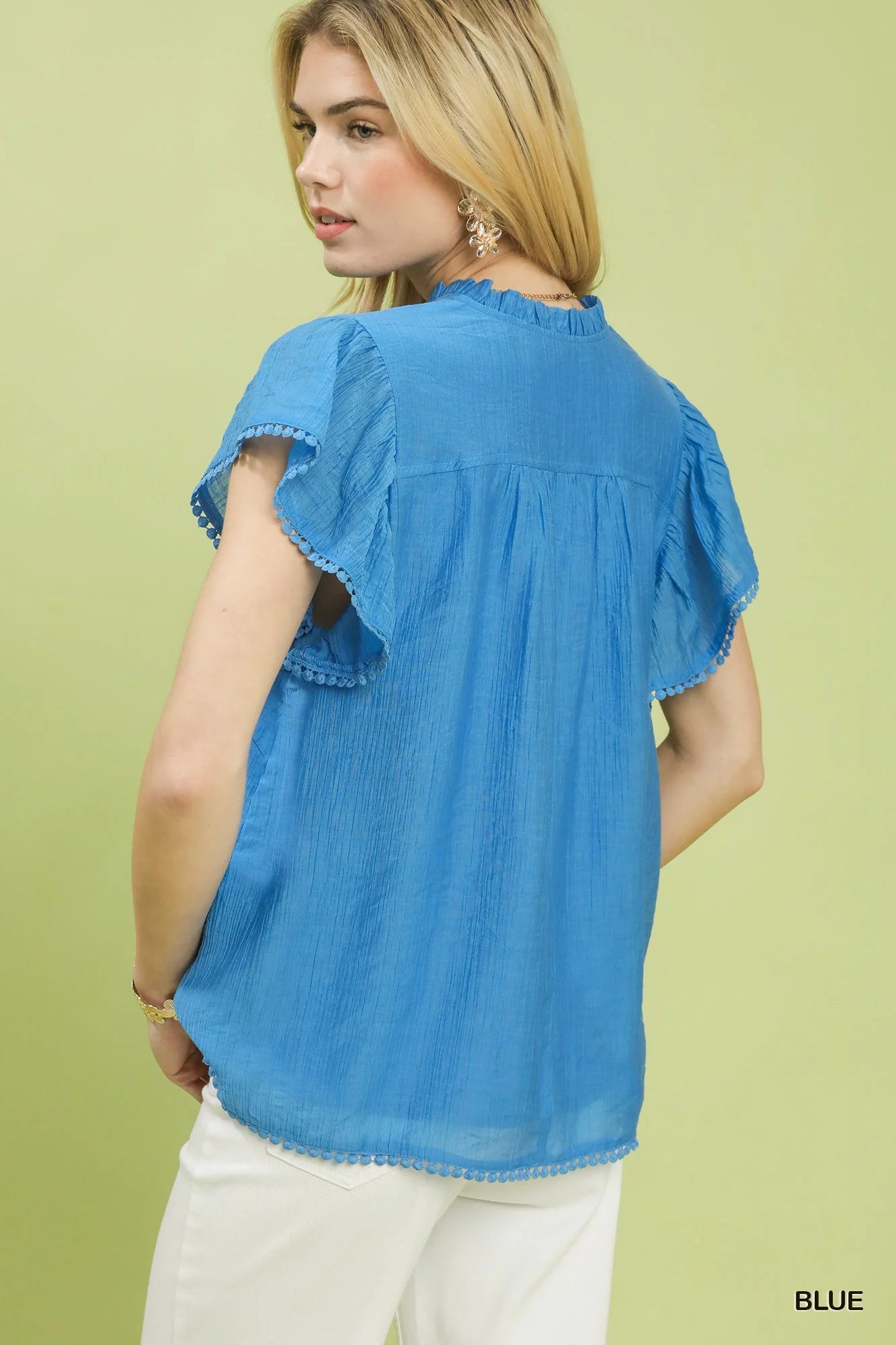 Umgee Flutter Sleeve Relaxed Top with Trim Detail