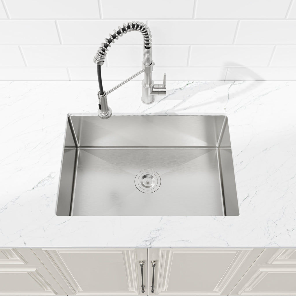 Stainless Steel Kitchen Sink, 27″x19″ Single Bowl, Undermount Handmade Sink in Brushed Nickel, with US Standard Drain and Hook, LS-SSBR06