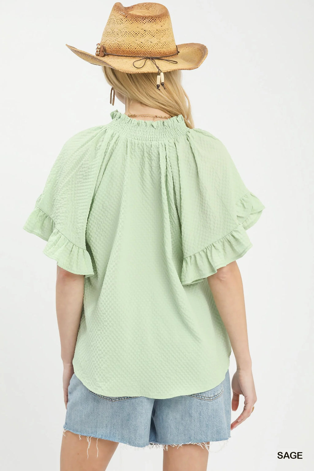Umgee Textured Ruffle Sleeve Blouse