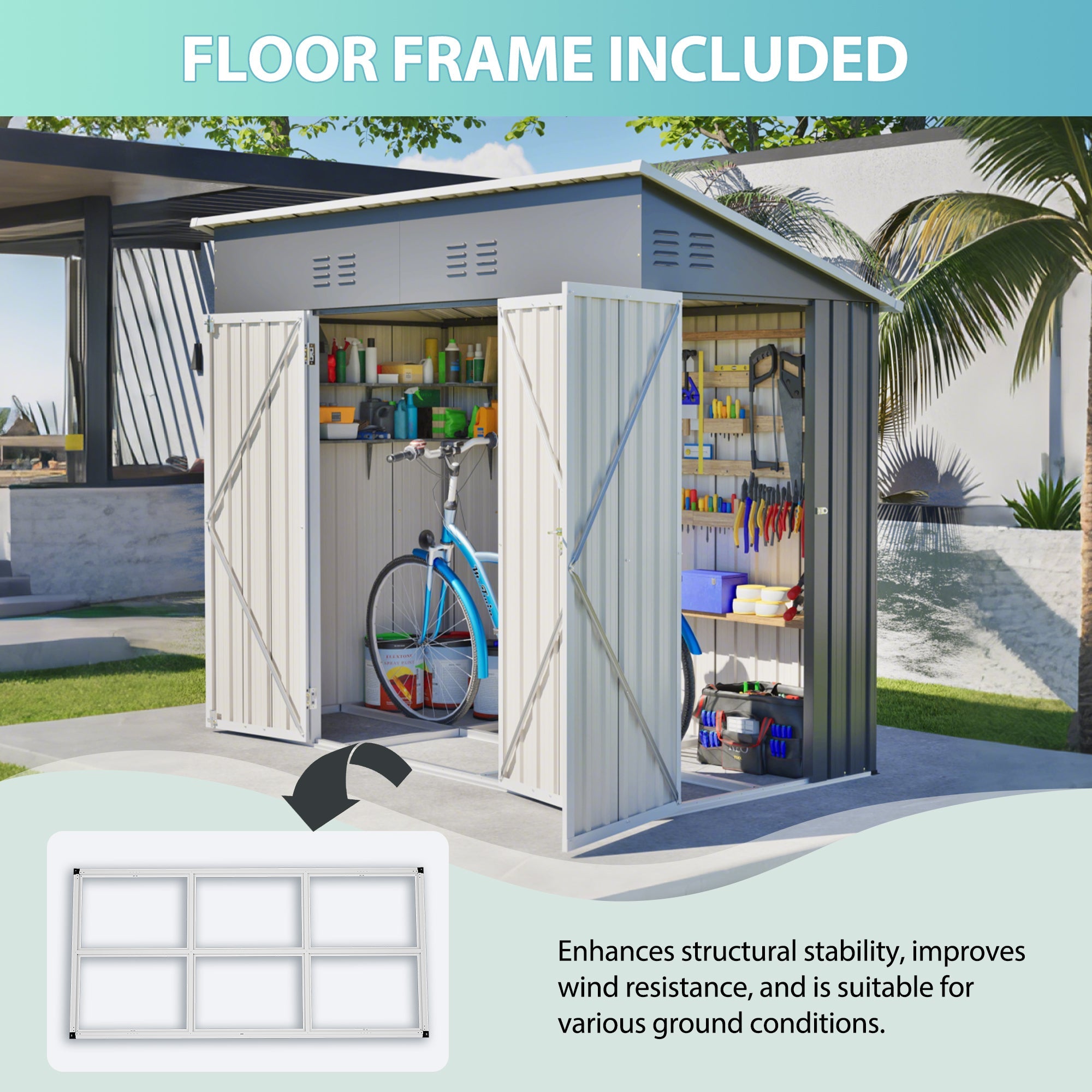 4x8 Slope-Roof Reinforced Storage Shed with Weatherproof Sloping Roof & 4 Air Vents, Heavy-Duty Sturdy Metal Frame, Left/Right Optional Door, Outdoor Tool Shed Warehouse for Garden Storage Pet House