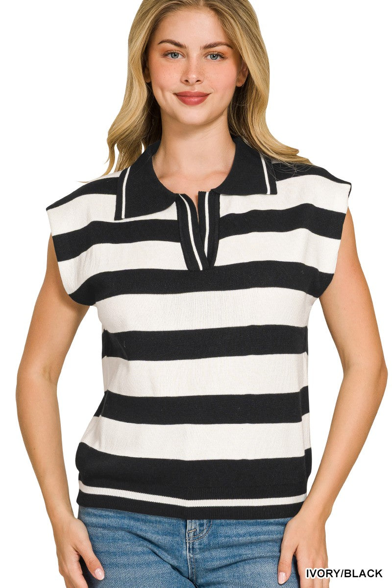 Zenana Viscose Striped Collared Sweater Vest