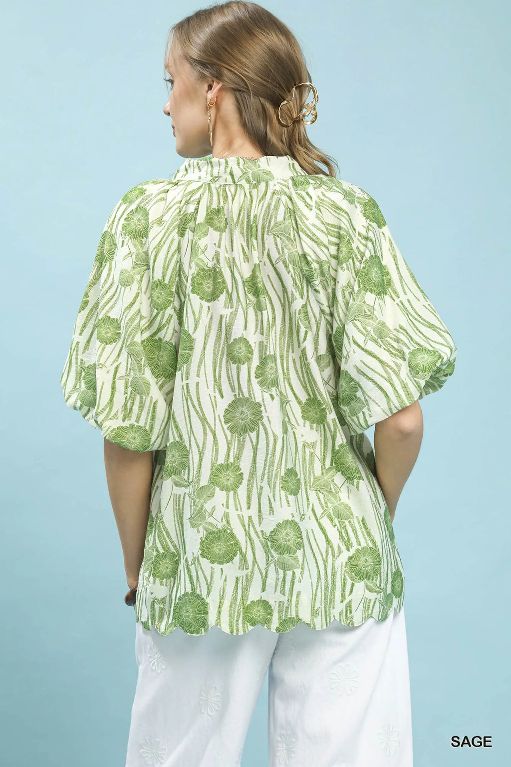 Umgee Floral Scalloped Edge Puff Sleeve Blouse with High-Low Curved Hem