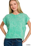 Zenana Halo Washed Cotton Cuffed Short Sleeve Top