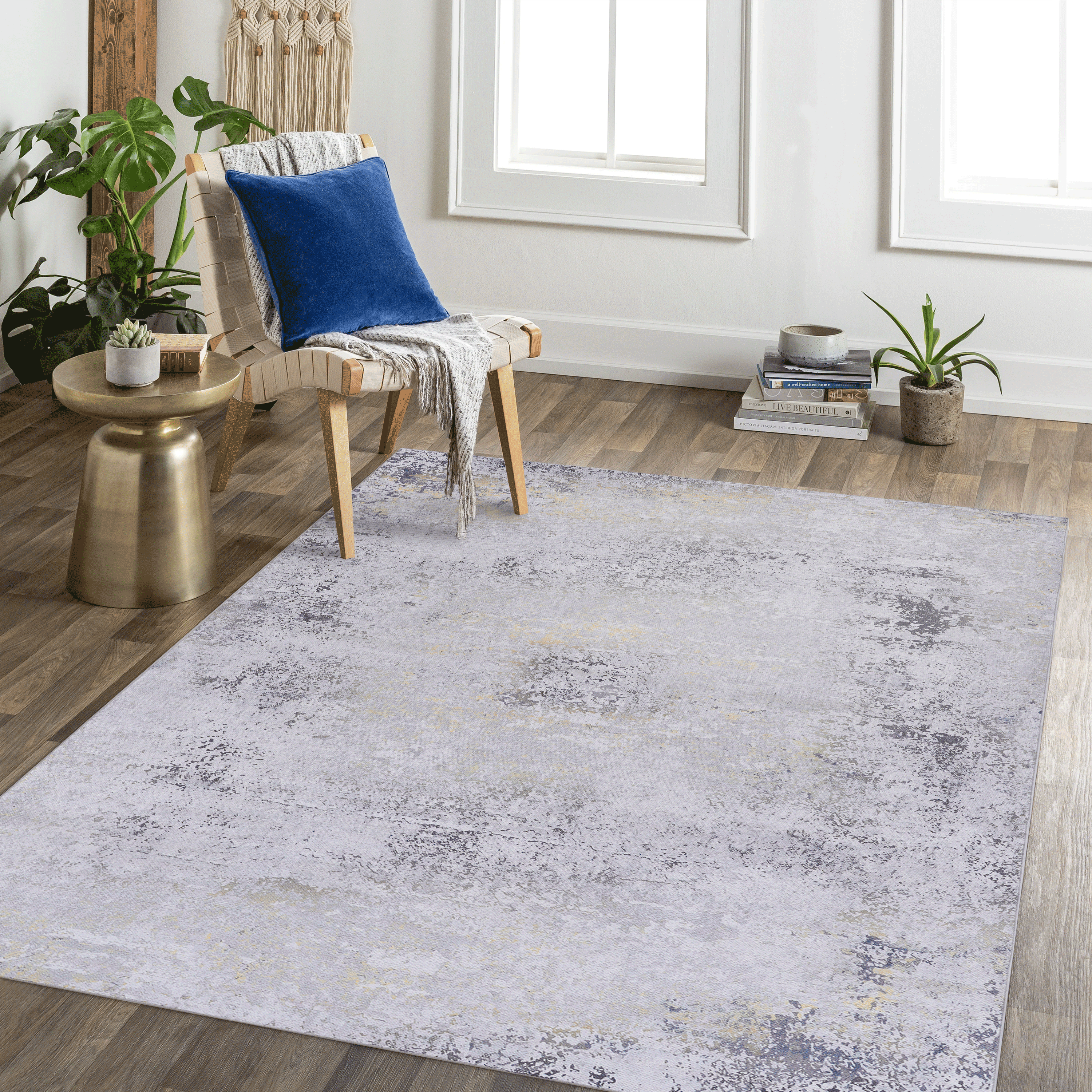 NAAR MAVAL Gold Washable Rug 5x8 Area Rug (Gray+Gold, 5' x 8')