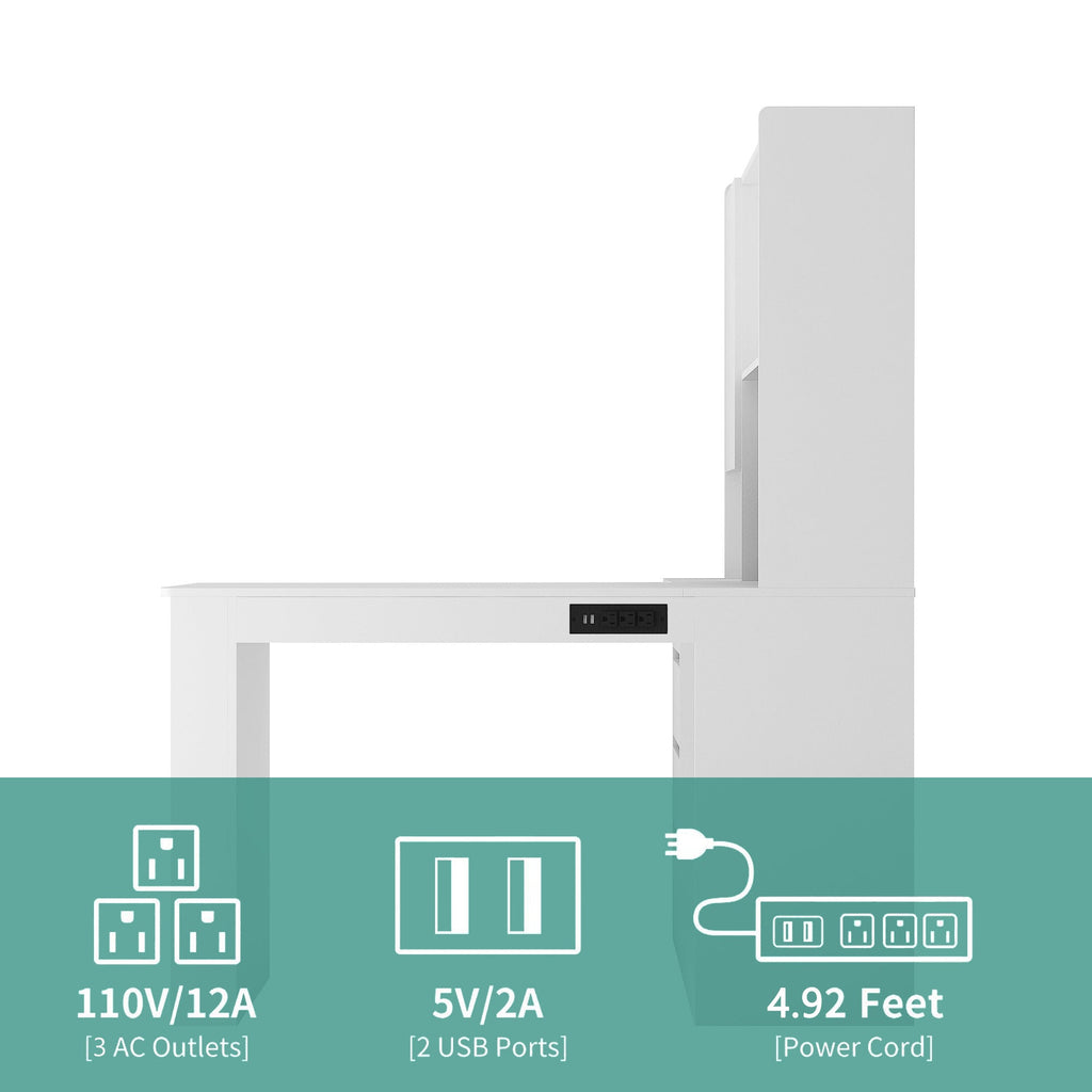 L Shaped Desk with Charger,Computer Desk with Drawers,Bookshelf, with LED Light,Modern Corner Desk,Home Office Desk,L-Shaped Study Table Writing Desk,Corner Gaming Computer Desk with Storage