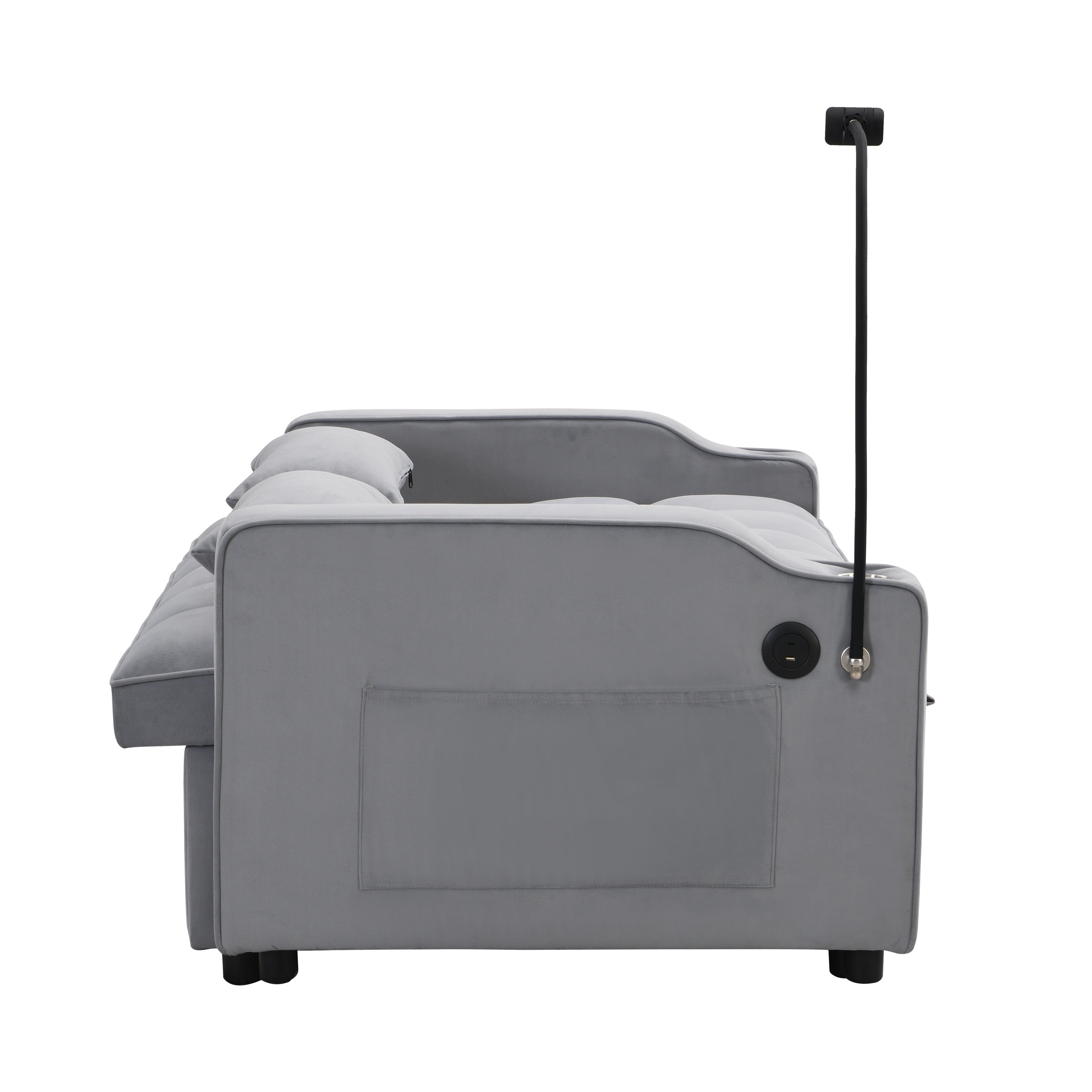 Modern Velvet Loveseat Futon Sofa Couch with Pullout Bed, Adjustable Backrest, Toss Pillows, Light Gray