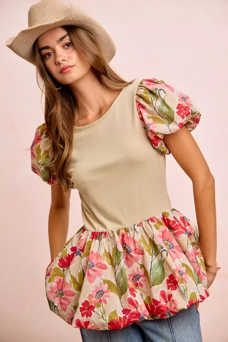BiBi Floral Printed Bubble Sleeves and Hem Peplum Top