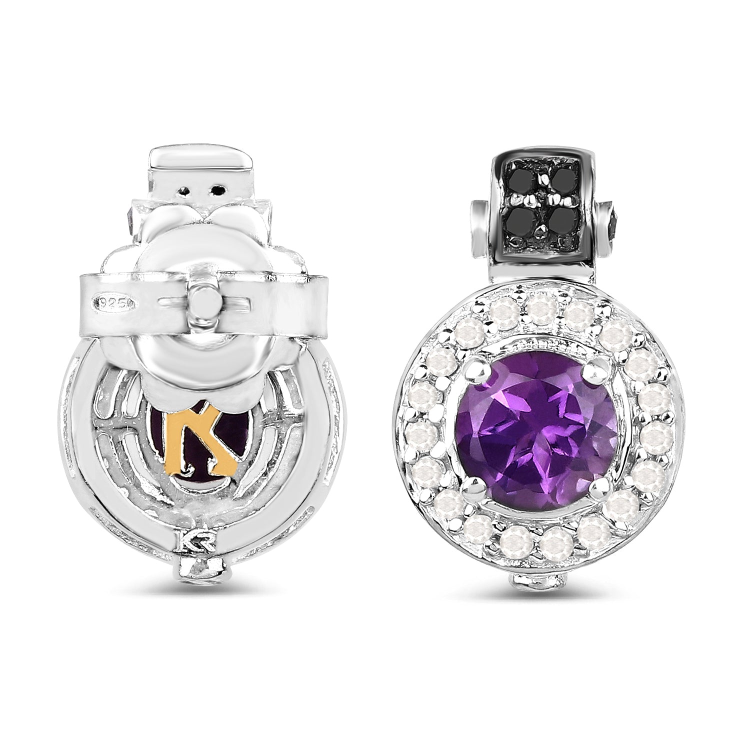 2.29 Carat Genuine Amethyst, Black Diamond and White Diamond .925 Sterling Silver Earrings