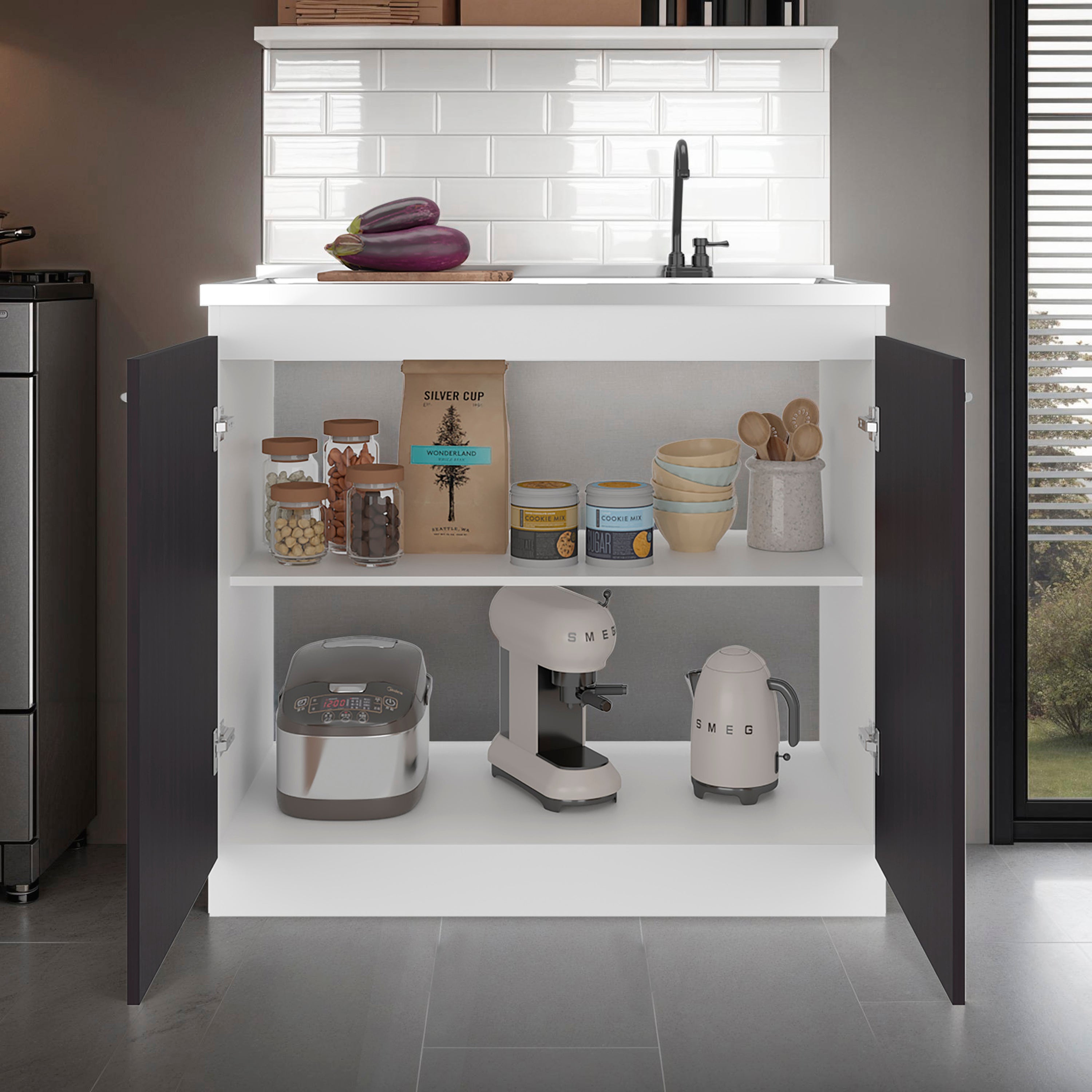 Salento Freestanding Sink, Double Door Cabinet, Two Shelves, White / Black Wengue
