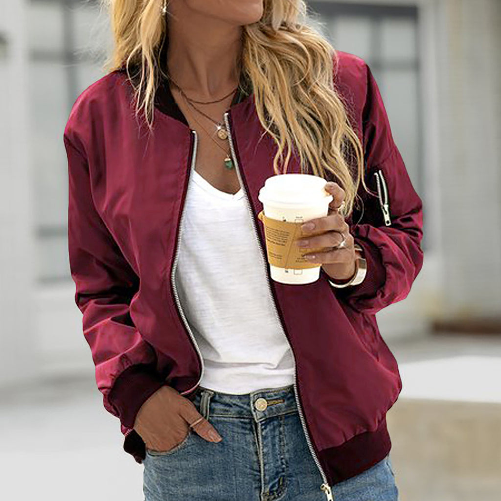 Fashionable Women's Solid Color Bomber Jacket for Casual Wear