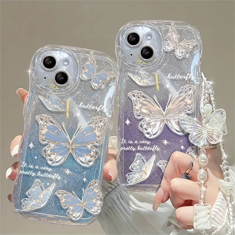 Wave Glitter Butterfly Phone Case with Bracelet for iPhone