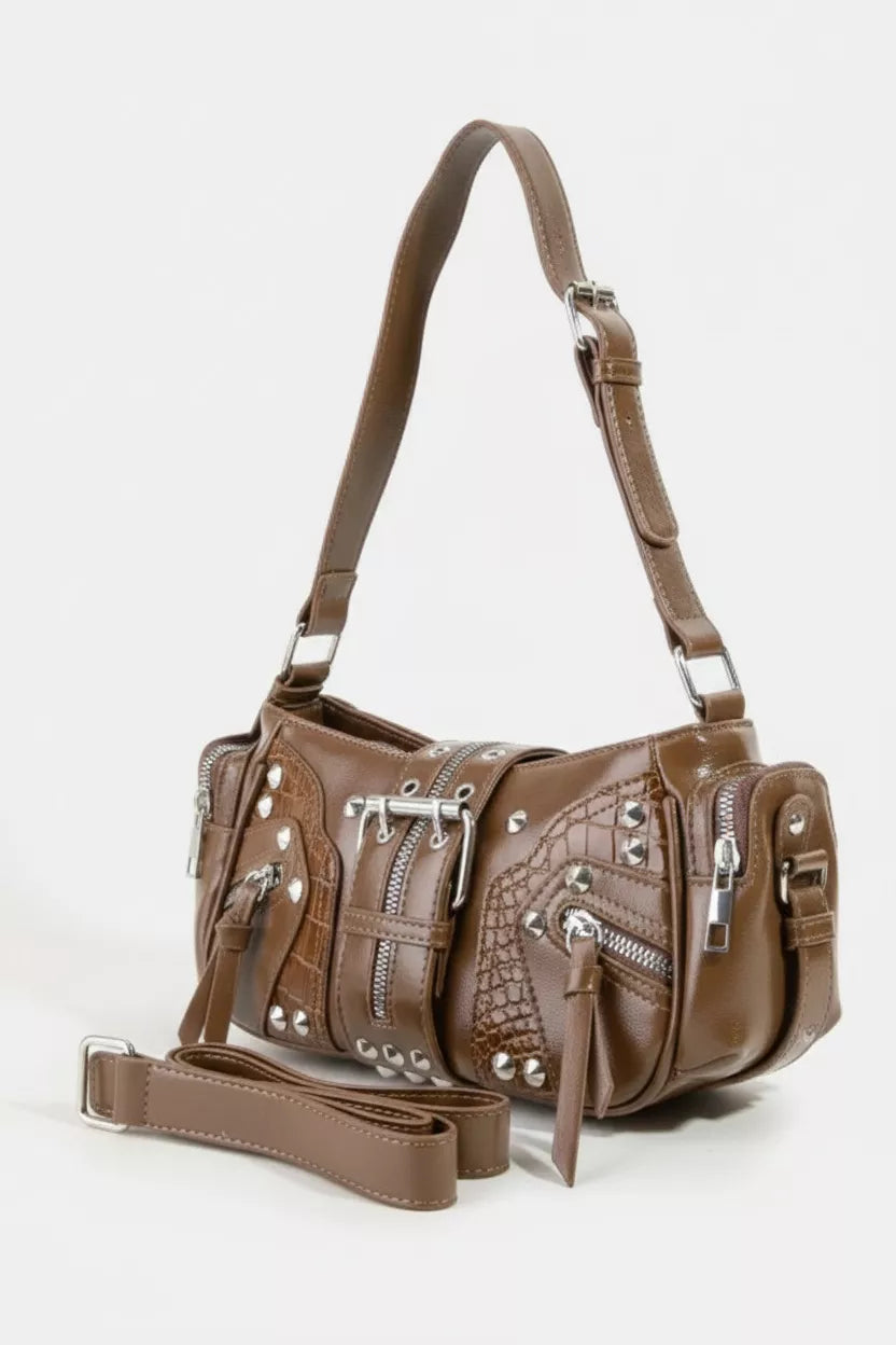 Fame Rivet Detail Leather Shoulder Bag