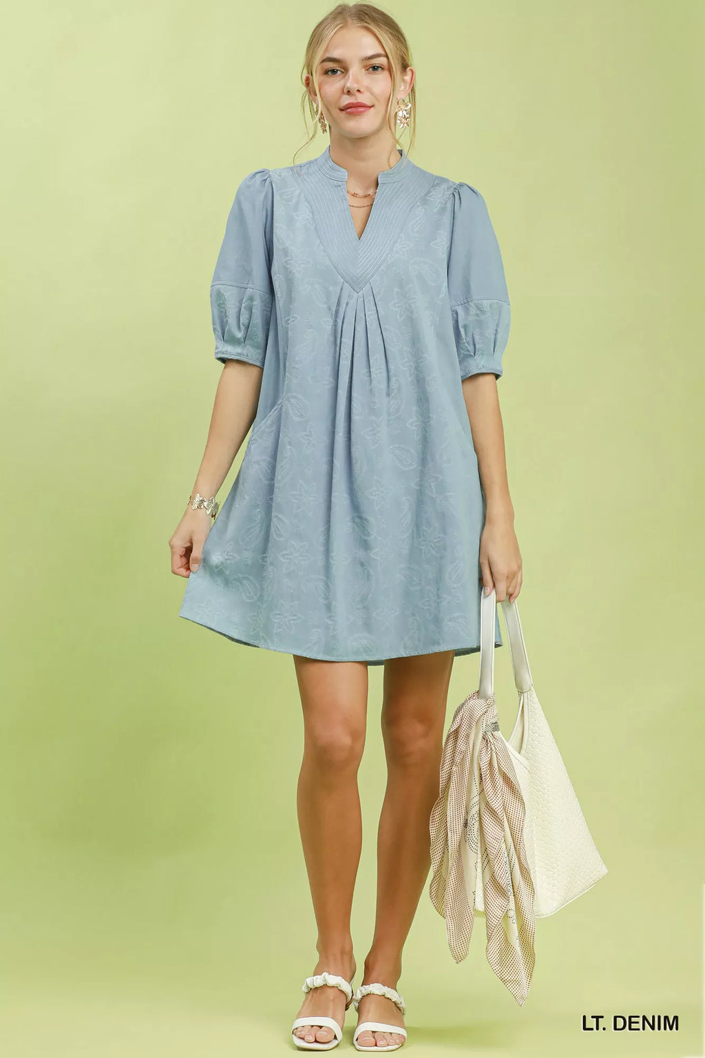 Umgee Print Denim Dress with Contrast Stitch