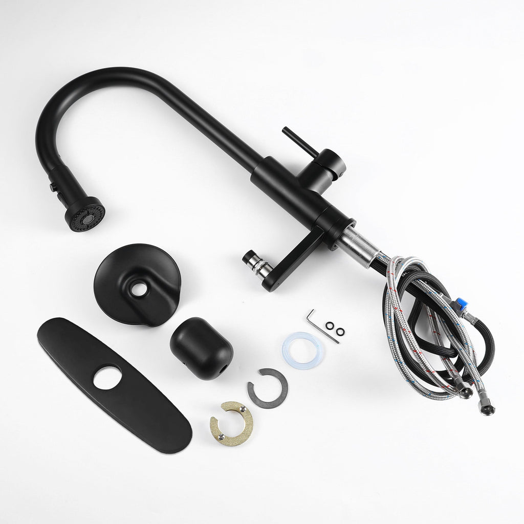 3-in-1 High-Arc Kitchen Faucet with Press-Type Glass Rinser, Pull-Down Sprayer, Matte Black Finish, Stainless Steel & ABS Construction, for Modern Sink