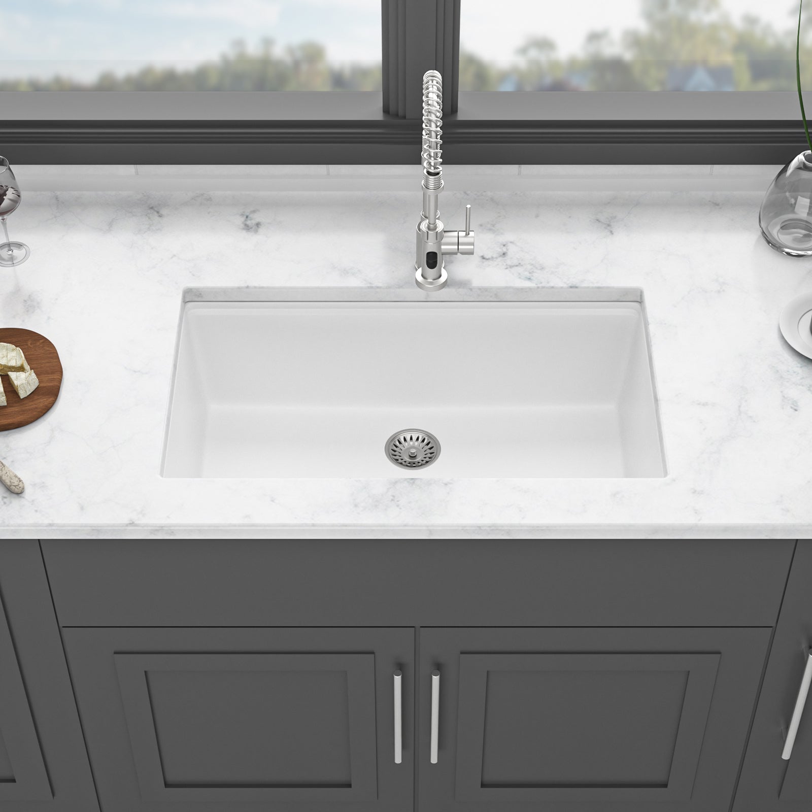 Quartz Kitchen Sink - Workstation Undermount Sink in White Granite Composite, 30' x 19'