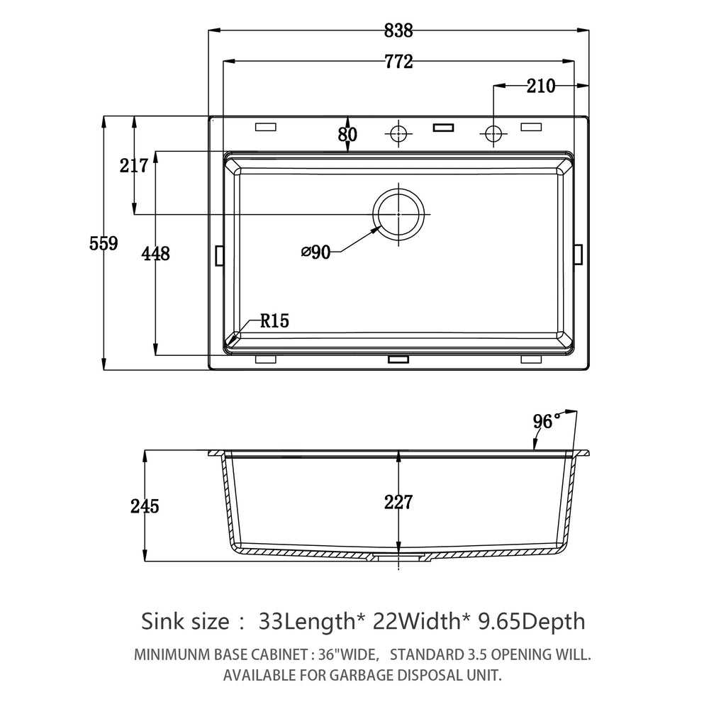 33 x 22 Inches White Granite Composite Quartz Kitchen Sink with Workstation Features and Drop-In Design