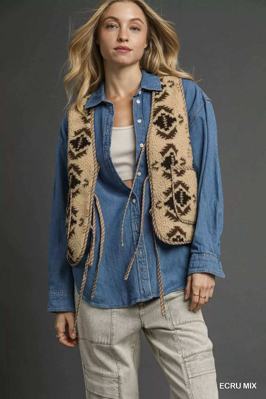 Umgee Mix Patterned Sherpa Tie-Front Vest