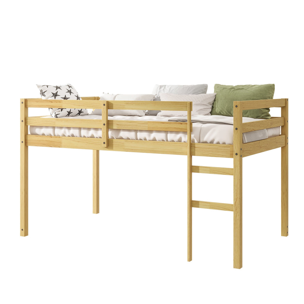 Solid Wooden, Rubber Wooden Twin Loft Bed with Ladder, Bed Platform of Strengthened Slats, Natural