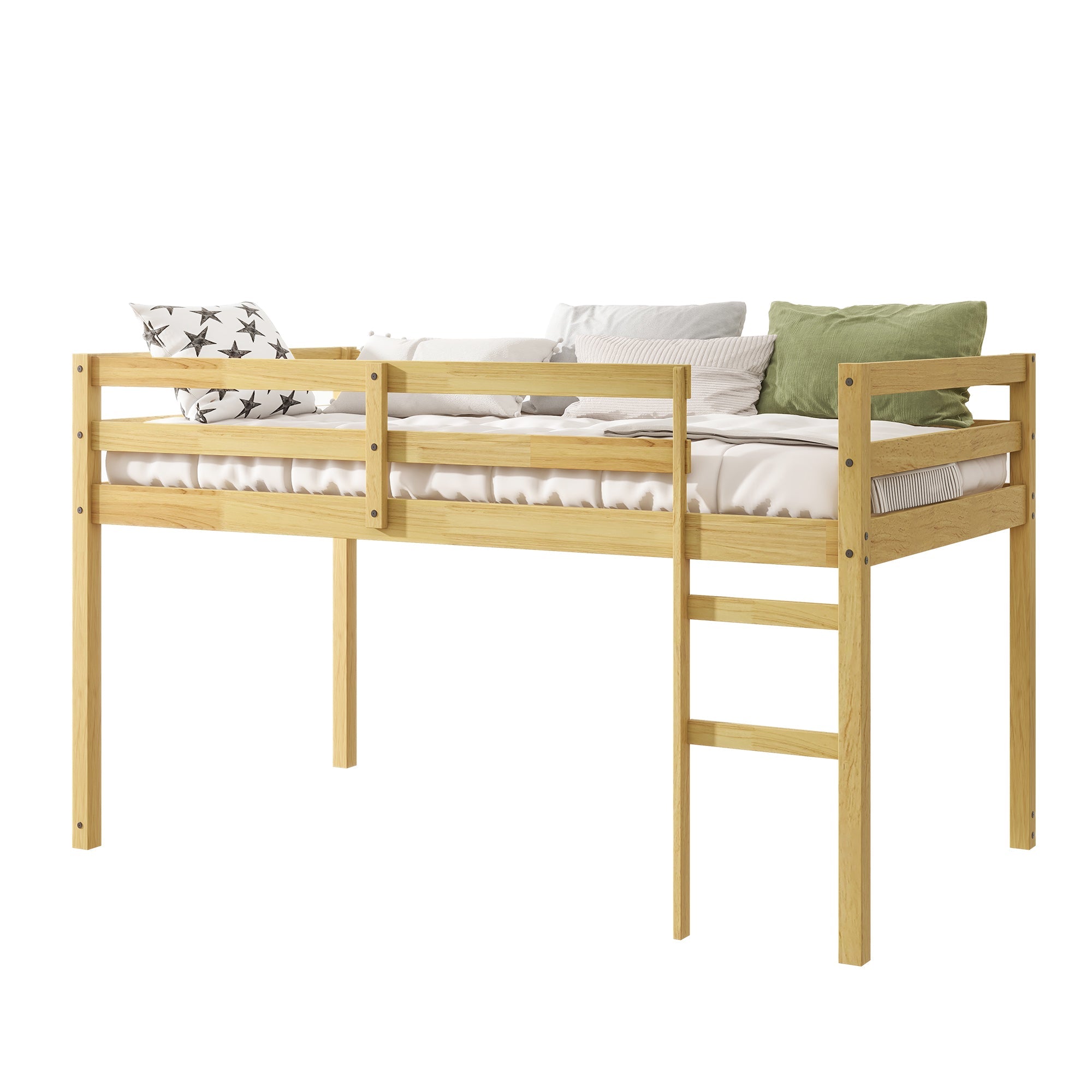 Solid Wooden, Rubber Wooden Twin Loft Bed with Ladder, Bed Platform of Strengthened Slats, Natural
