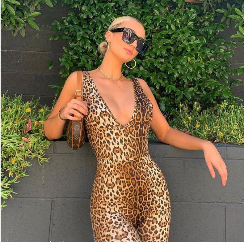 Summer Women's Sleeveless V-Neck Leopard Jumpsuit