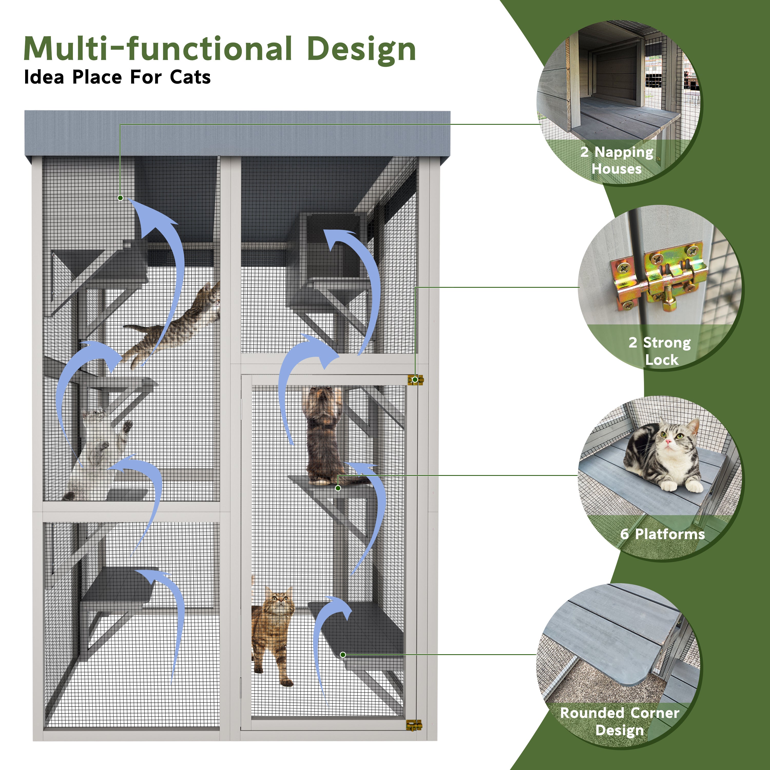 70.5＂ Tall Wooden Catio Outdoor Cat Enclosure, Gray Cat House Large Solid Wood Cage Playpen with 6 Jumping Platforms & 2 Napping Houses, Movable tarp cover